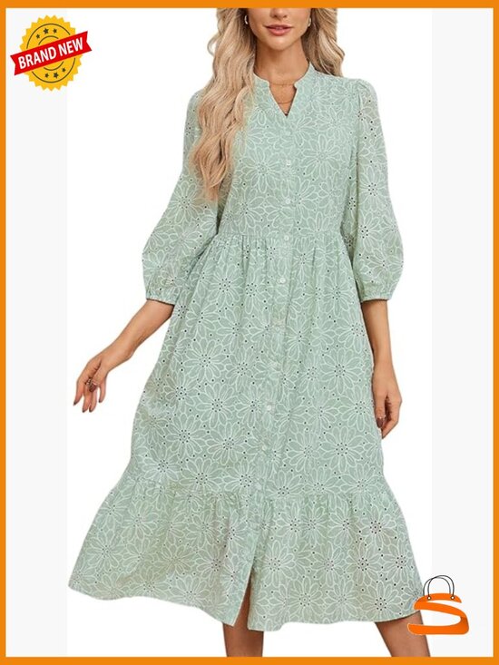 Dresses & Skirts - Boho Floral Lace Eyelet Midi Dress 3/4 Sleeve V-Neck Button